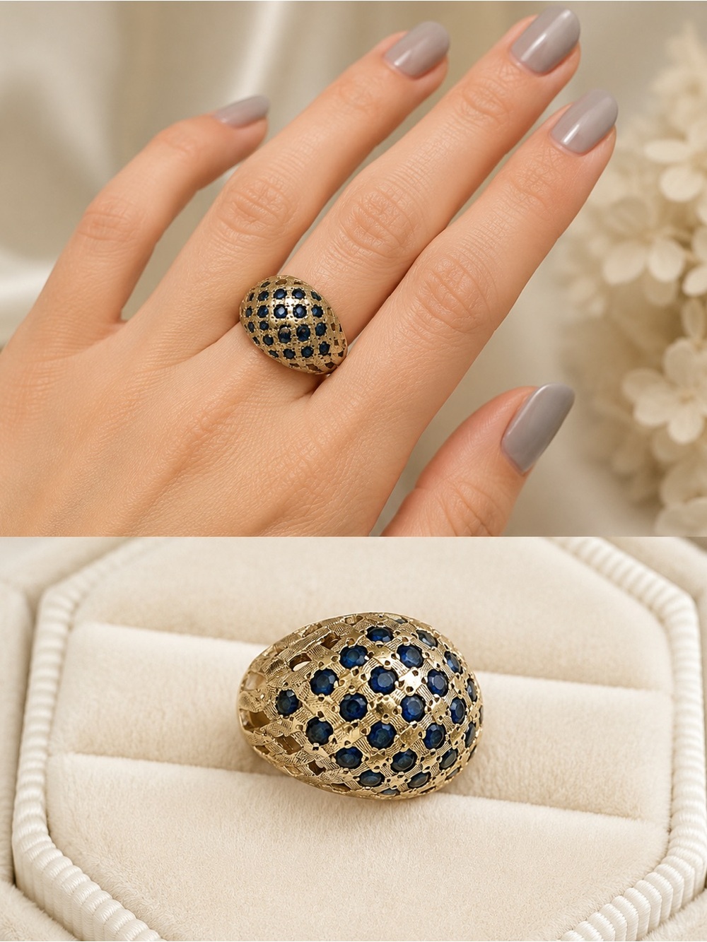 Mid-Century Italian 14k Gold Bombe Ring w/23 Natural Blue Sapphires, c. 1950s